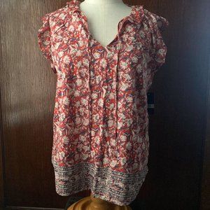 New Lucky Brand Pink Flower Ruffle Short Sleeve Top, M